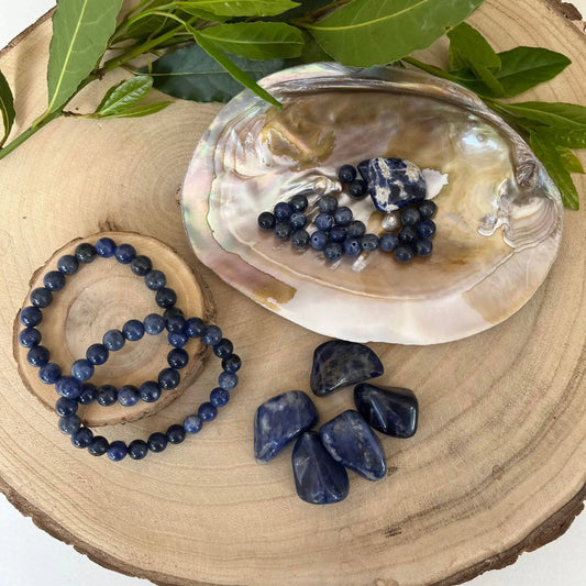 Tout Savoir sur la Sodalite présentation de bracelets en perles pierres roulées et coquille abalone sur rondin de bois