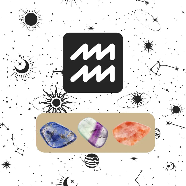 Collection Verseau Pierres Naturelles avec Pierre de soleil, Fluorite et Sodalite symbolisant l'innovation et la créativité