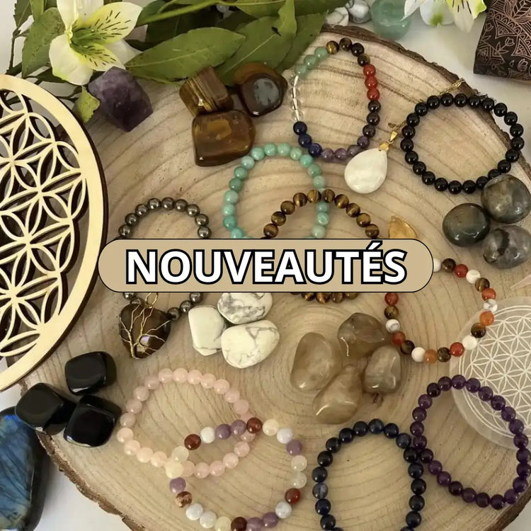 Collection Nouveautés Bien-Être avec bracelets, pendentifs, géodes et pierres roulées pour le bien-être naturel