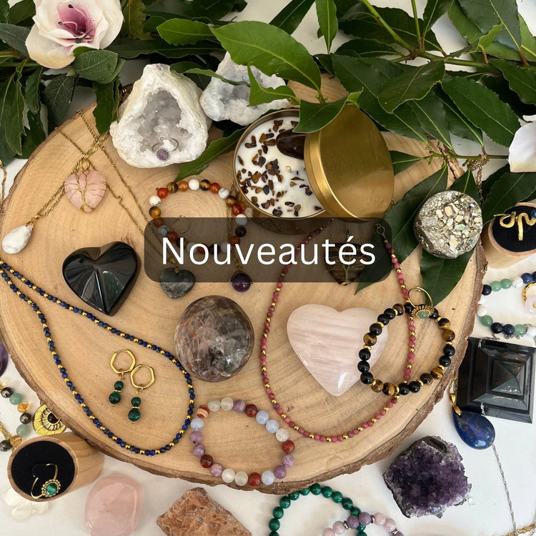 Collection Nouveautés Bien-Être avec bracelets, pendentifs, géodes et pierres roulées pour le bien-être naturel