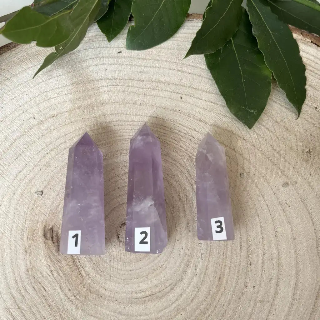 Trois pierres naturelles Améthyste en Pointe sur une plaque en bois, idéales pour la décoration ou la méditation