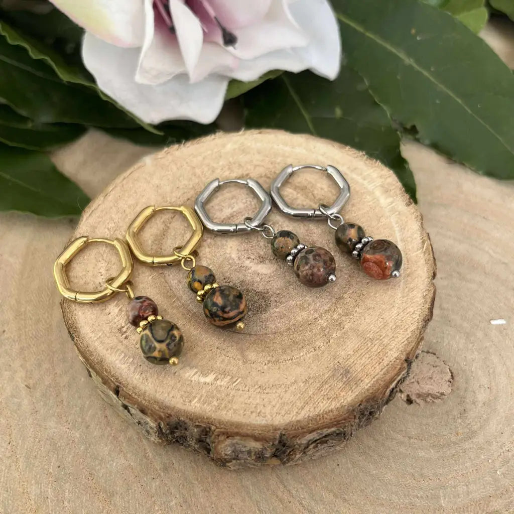 Boucles d'Oreilles Jaspe Léopard en métal doré et argenté avec perles en jaspe unique