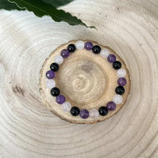 Bracelet Accompagnant du Deuil en pierres semi-précieuses, améthyste et quartz avec un design apaisant
