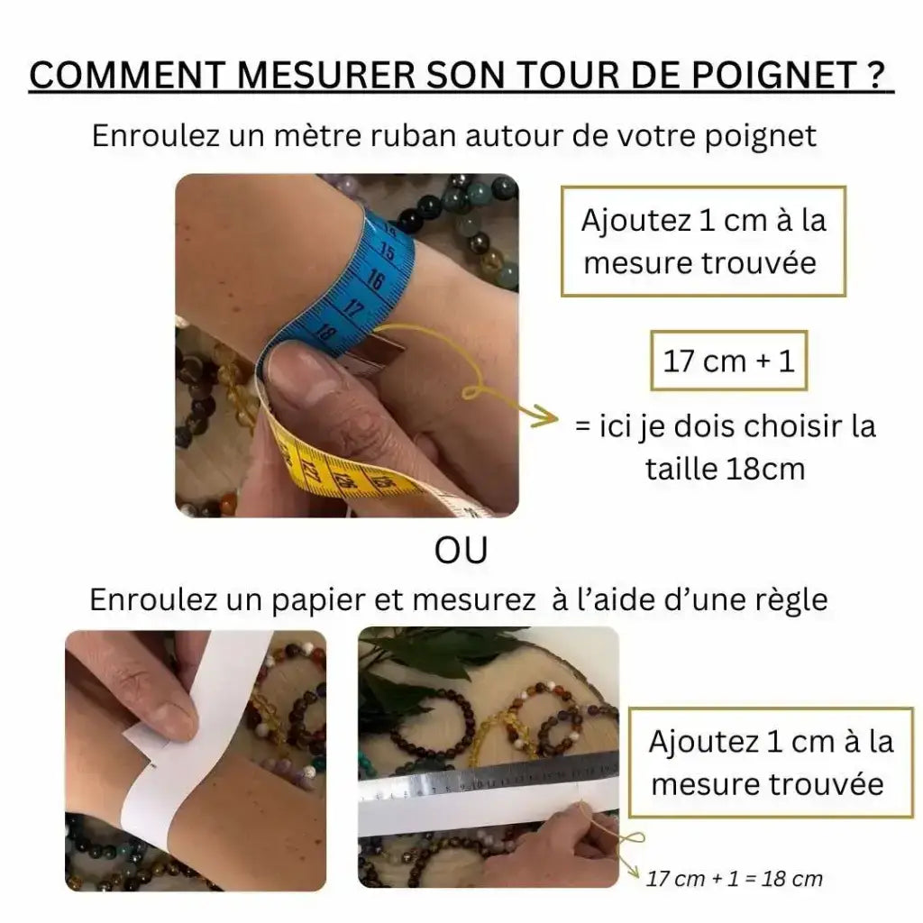 Guide de mesure pour le Bracelet Quartz Rose - Amour et Douceur en indiquant comment mesurer son poignet