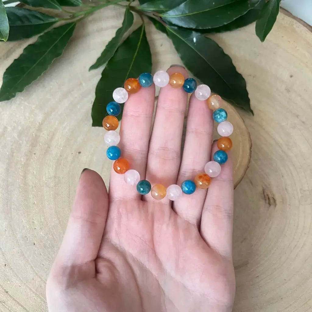Bracelet Signe Lion: Apatite Bleu Cornaline et Quartz rose