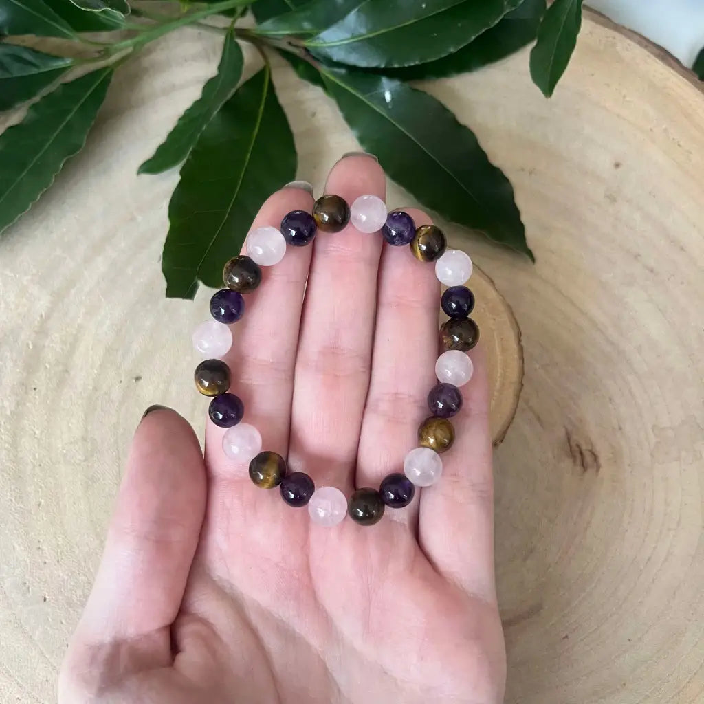 Bracelet Signe Taureau: Améthyste Oeil de tigre et Quartz