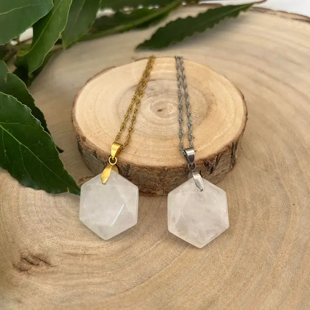 Collier pendentif en cristal de Quartz avec chaîne en or et argent, design hexagonal élégant