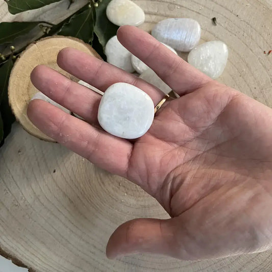 Galet plat Pierre de Lune Bleutée poli tenu en main sur fond de rondin de bois Aura de Roche