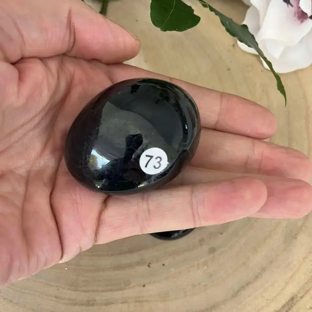 Gros Galet Tourmaline Noire en main, pierre polie avec une surface lisse et brillante