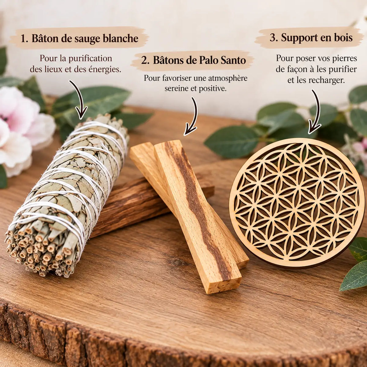 Kit Rituel : Fleur de Vie en Bois, Palo Santo et Sauge Blanche