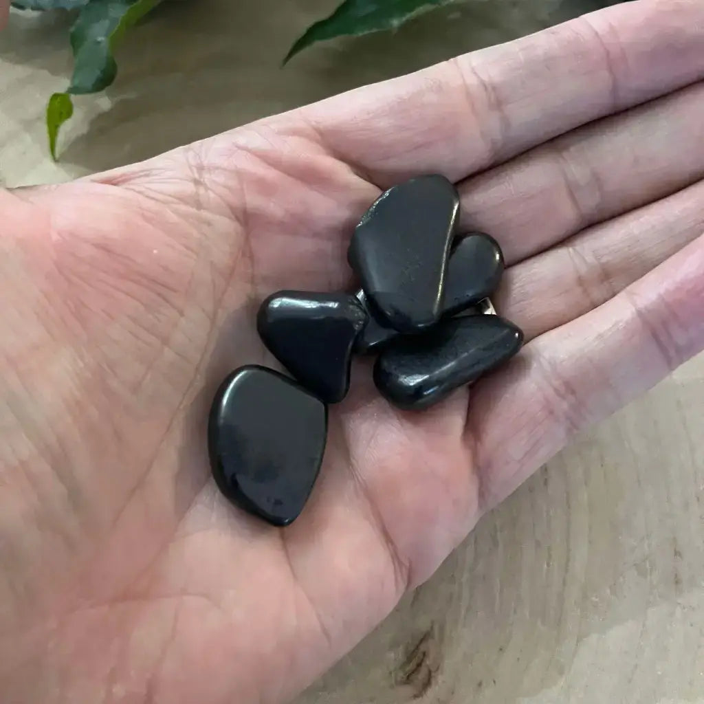 Mini Pierre Roulée Shungite présentée dans une main, idéale pour la méditation et la purification