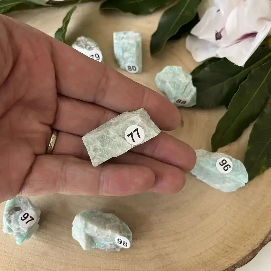 Pierre Brute Amazonite Brésil de couleur verte tenue dans la main parmi d'autres pierres sur une table en bois