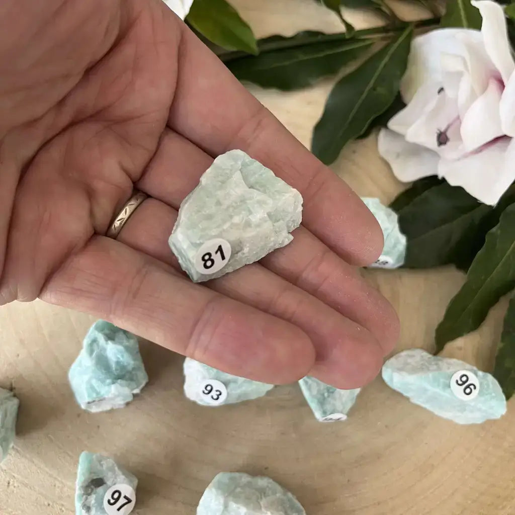 Pierre brute Amazonite Brésil dans la main, nombre 81 visible sur le morceau