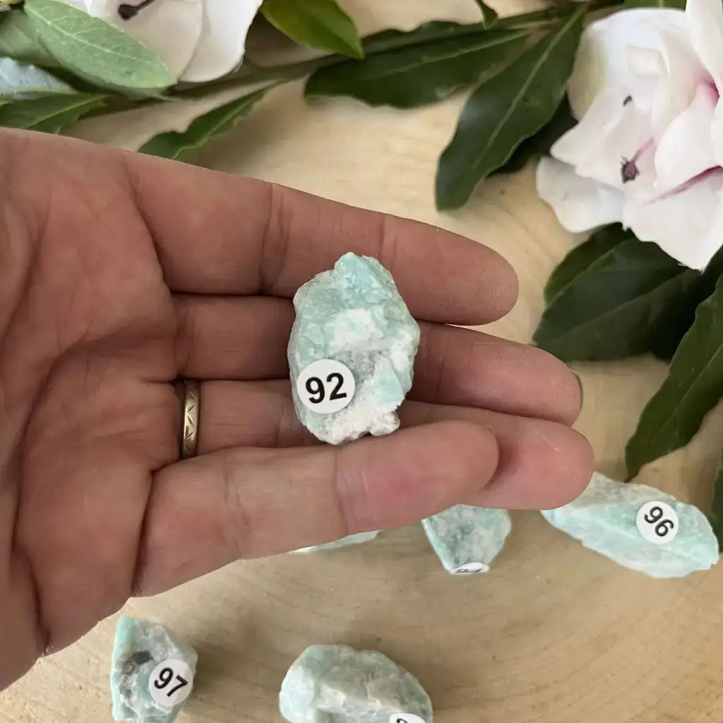 Pierre Brute Amazonite Brésil tenue dans une main avec des numéros de référence sur les autres pierres en arrière-plan
