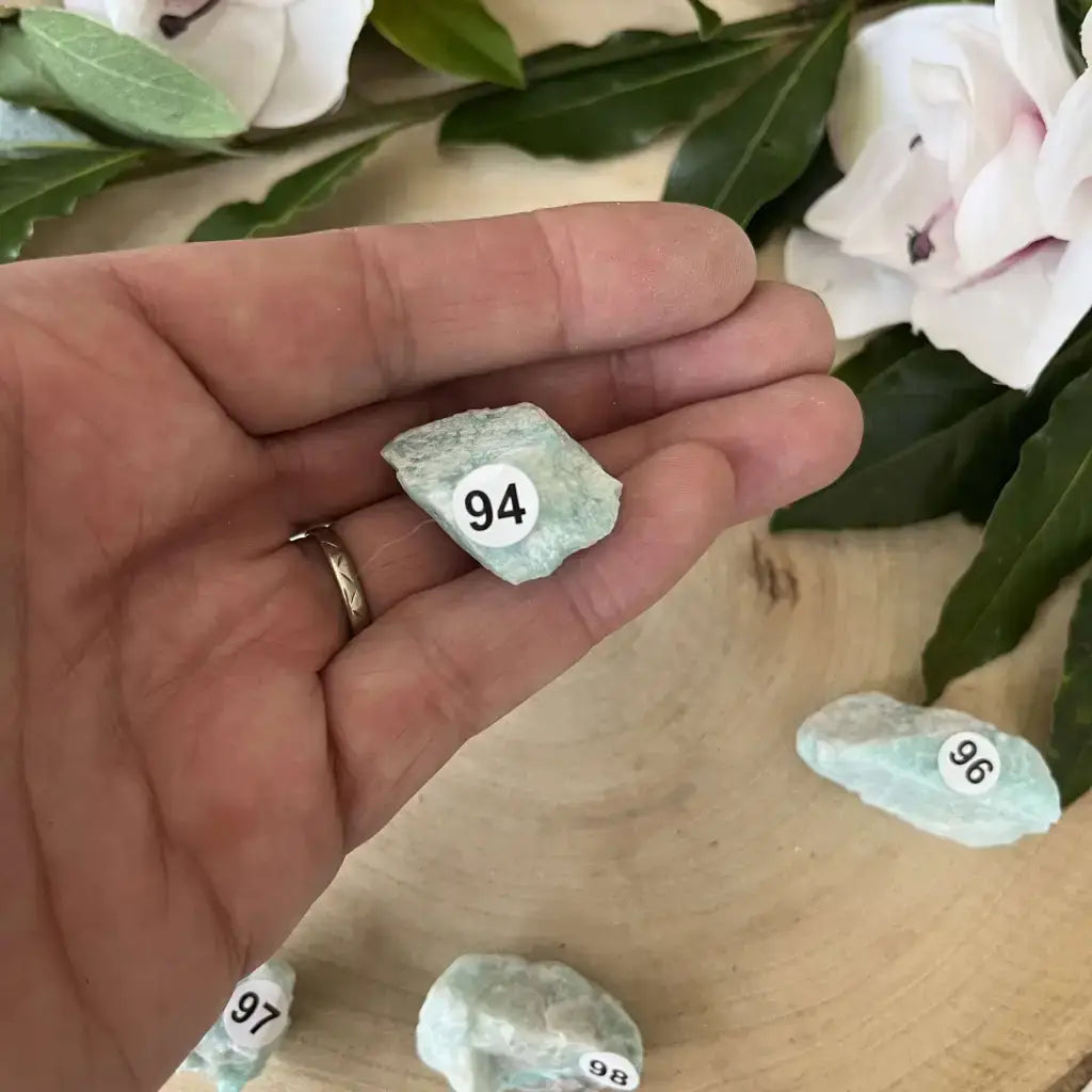 Pierre brute Amazonite Brésil présentée dans une main avec un fond floral élégant