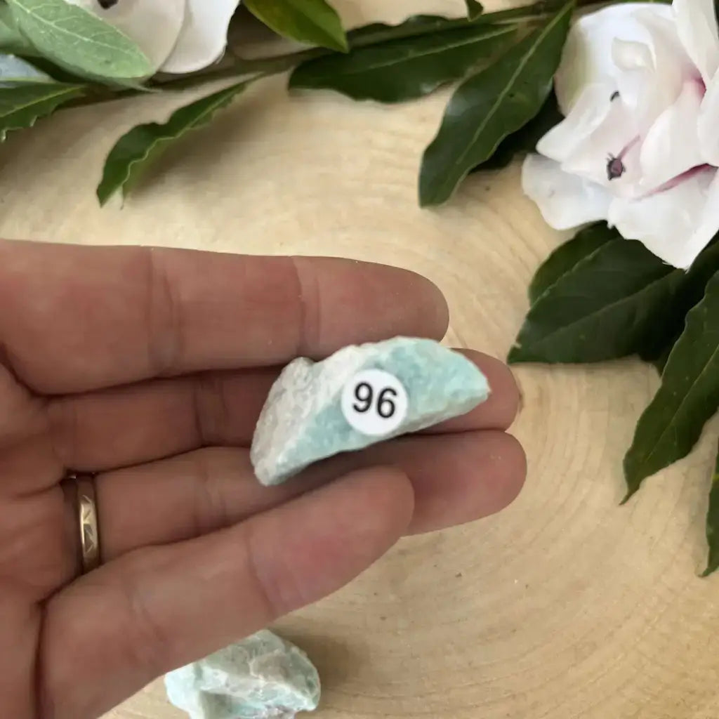 Pierre brute Amazonite Brésil portée dans la main avec un numéro d'étiquette pour identification