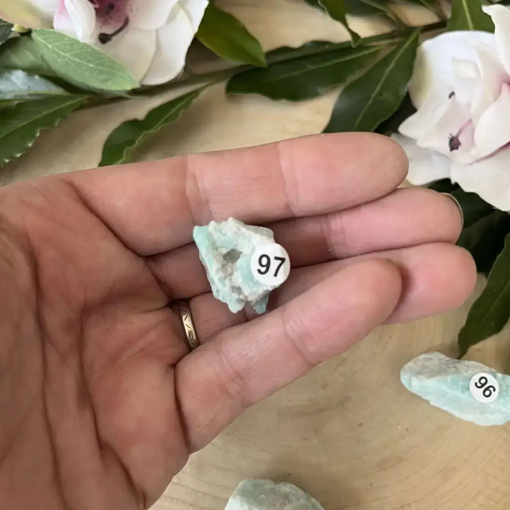 Main tenant une Pierre Brute Amazonite Brésil avec étiquette, sur un fond naturel.