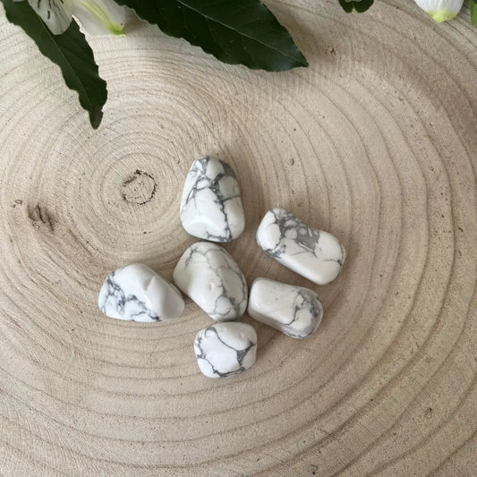 pierre naturelle howlite présenter sur plateau bois