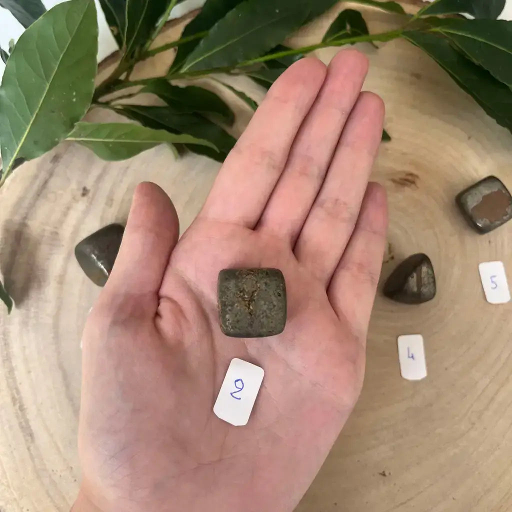 Pierre Pyrite Roulée Cat B sur la paume d'une main avec un fond naturel