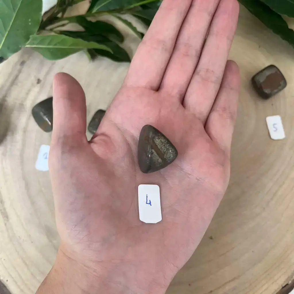 Pierre Pyrite Roulée Cat B de Aura de Roche, présentée dans une main sur une surface en bois