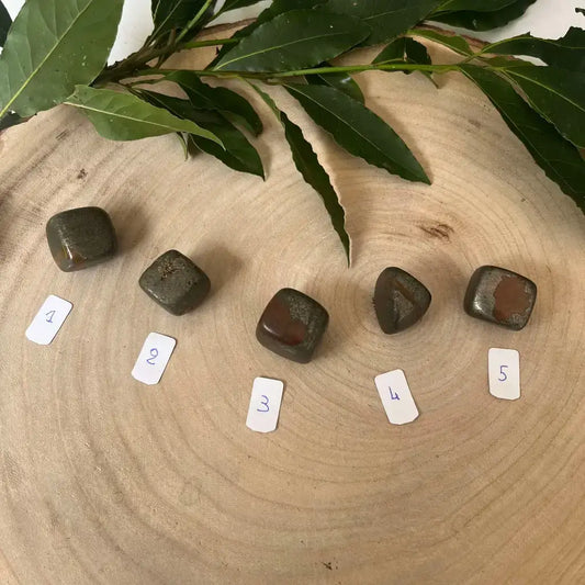 Pierre Pyrite Roulée Cat B de Aura de Roche, exposée sur une surface en bois avec des feuilles verdoyantes.