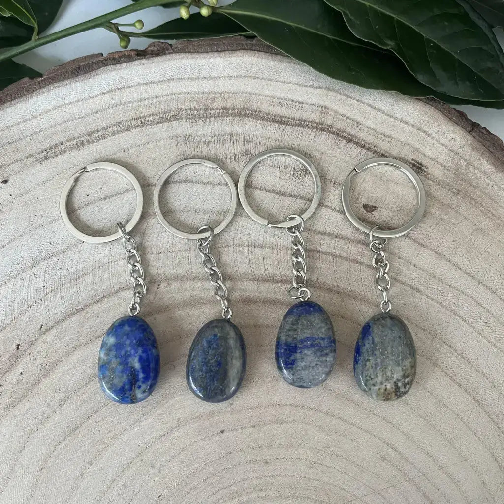 Porte clé Lapis Lazuli Naturel en pierres polies avec chaines en métal argenté