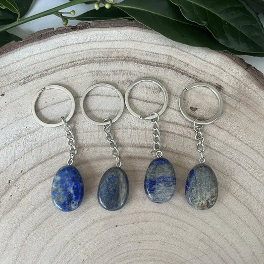Porte clé Lapis Lazuli Naturel en pierres polies avec chaines en métal argenté