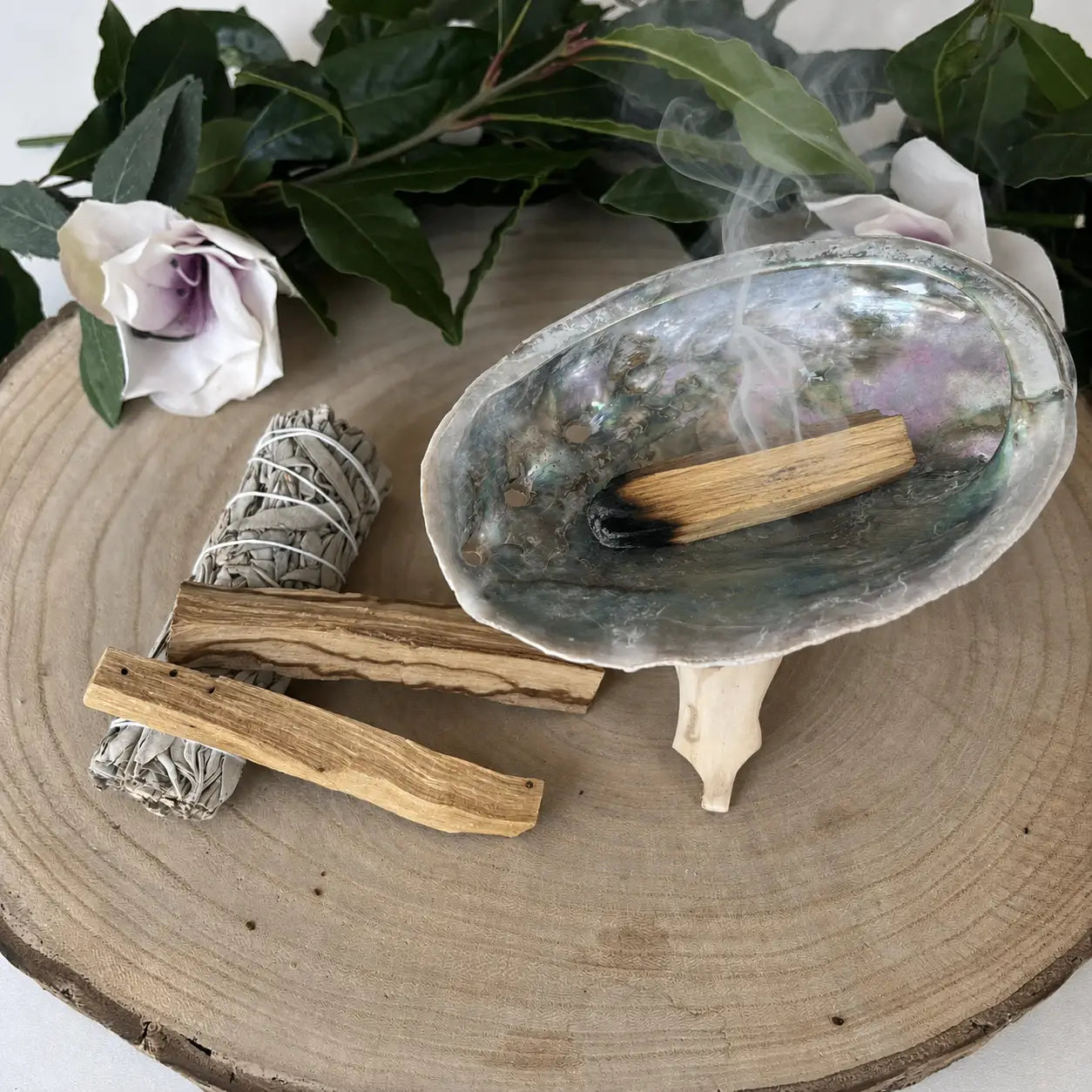 Brûleur dencens en coquille dormeau fumée avec baton de palo santo dans kit purification complet sauge blanche et palo santo