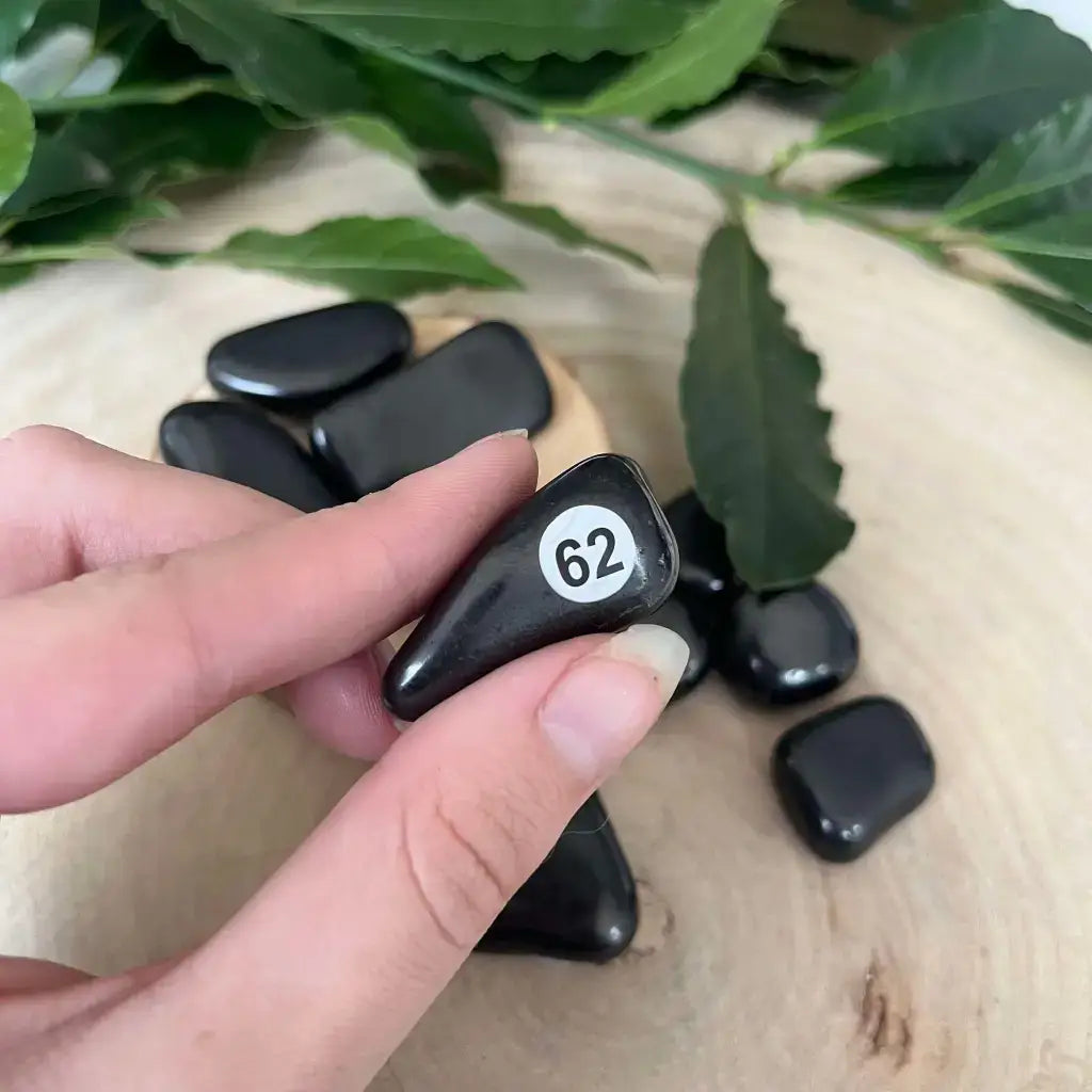 Pierre roulée naturelle en shungite Aura de Roche avec numéro 62, idéale pour la purification et l'énergie