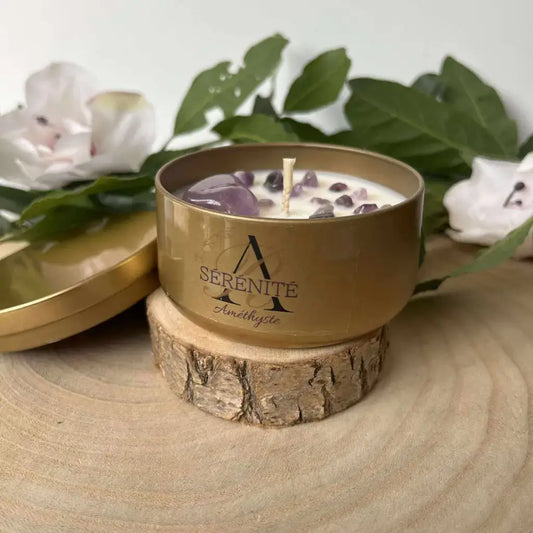 Bougie artisanale Sérénité avec pierre d'améthyste naturelle