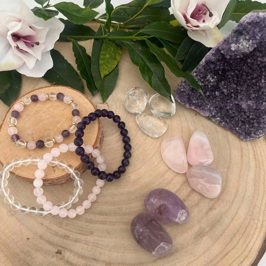 Réduire le Stress avec 3 Pierres en lithothérapie, incluant améthyste, quartz rose et cristal de roche.