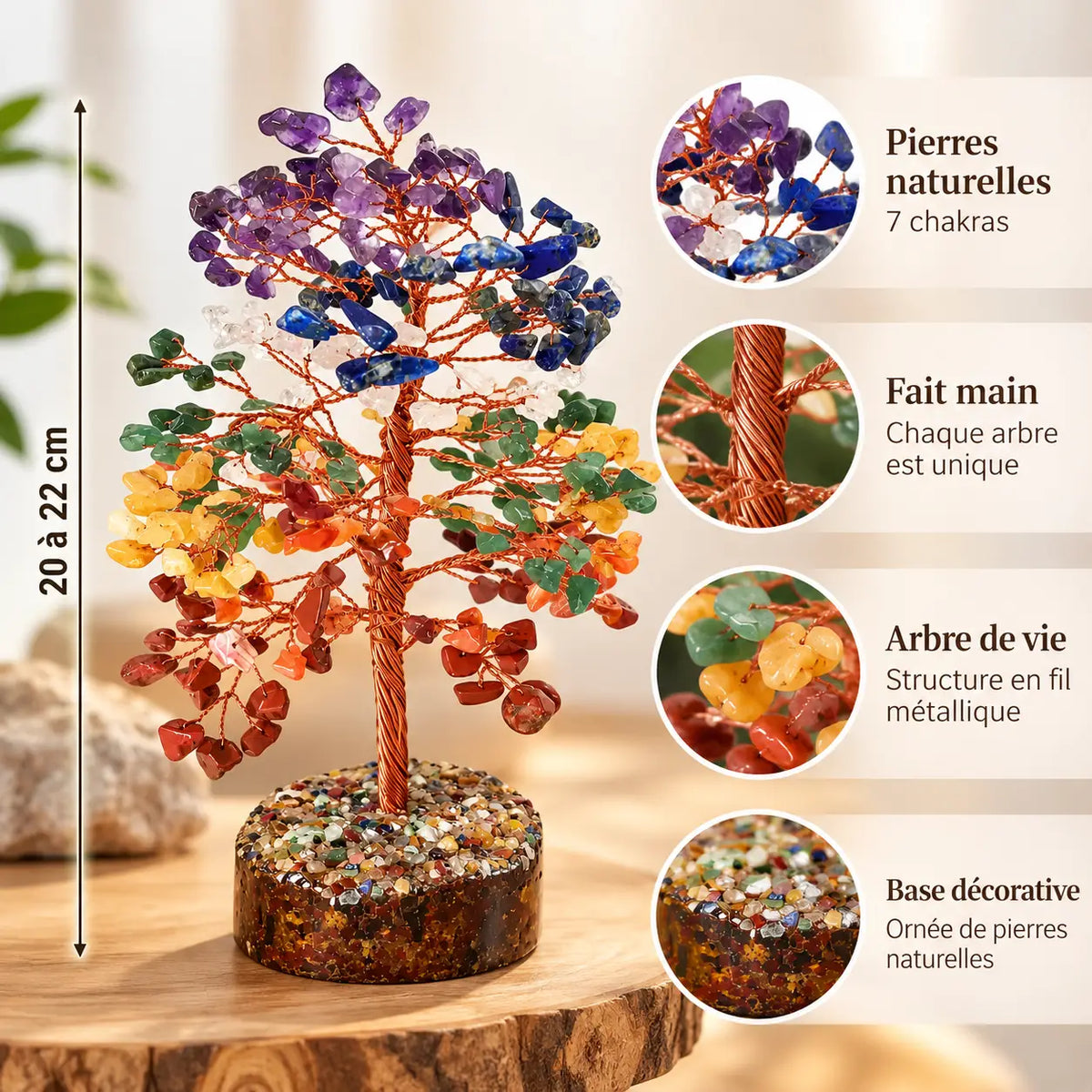 Arbre 7 Chakras en Pierres Naturelles 20 cm – Fait Main