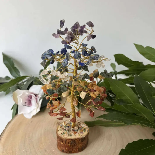 Arbre 7 Chakras Aura de Roche petit arbre de pierres naturelles multicolores sur socle rond en bois