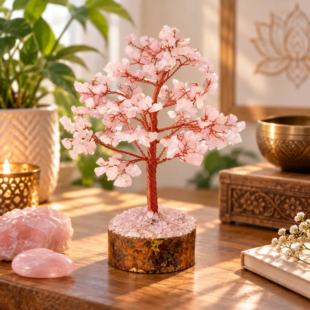 Arbre en quartz rose en pierres naturelles, idée cadeau prête à offrir