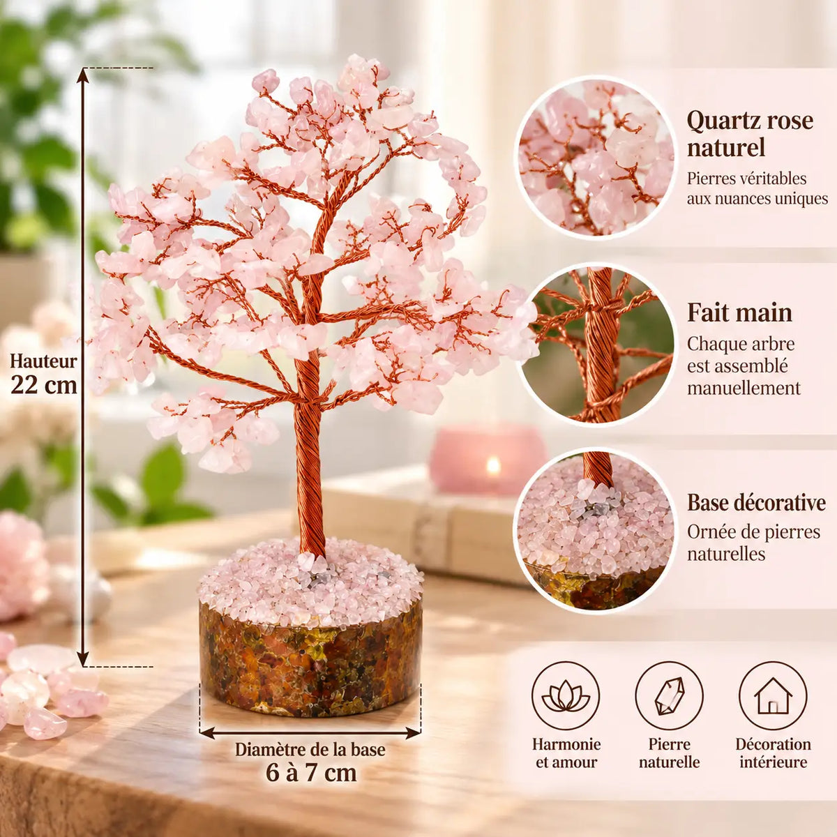 Arbre en quartz rose en pierres naturelles : vue de détail des feuilles