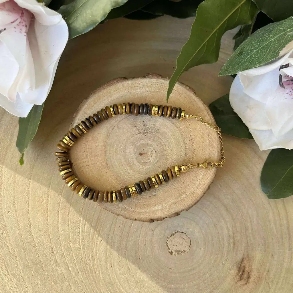 Bracelet Oeil de Tigre Perles Rondelles 6 mm Réglable