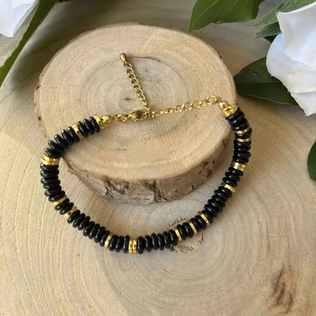 Bracelet Onyx Perles Rondelles 6 mm Réglable - bracelet