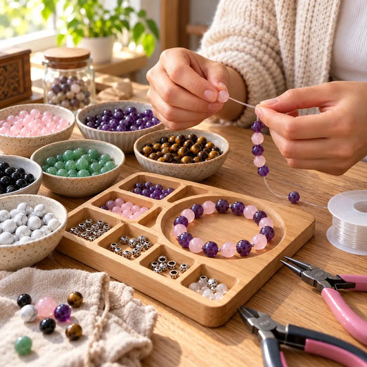 Fabrication d'un bracelet personnalisé en pierres naturelles, quartz rose et améthyste