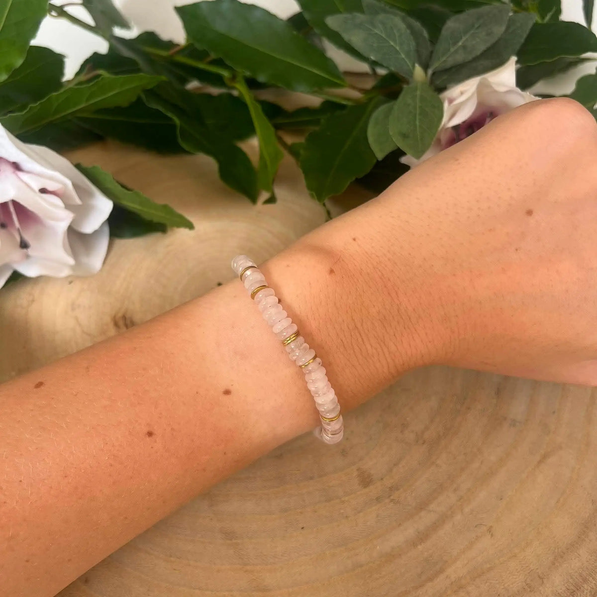 Bracelet Quartz Rose Perles Rondelles 6 mm Réglable