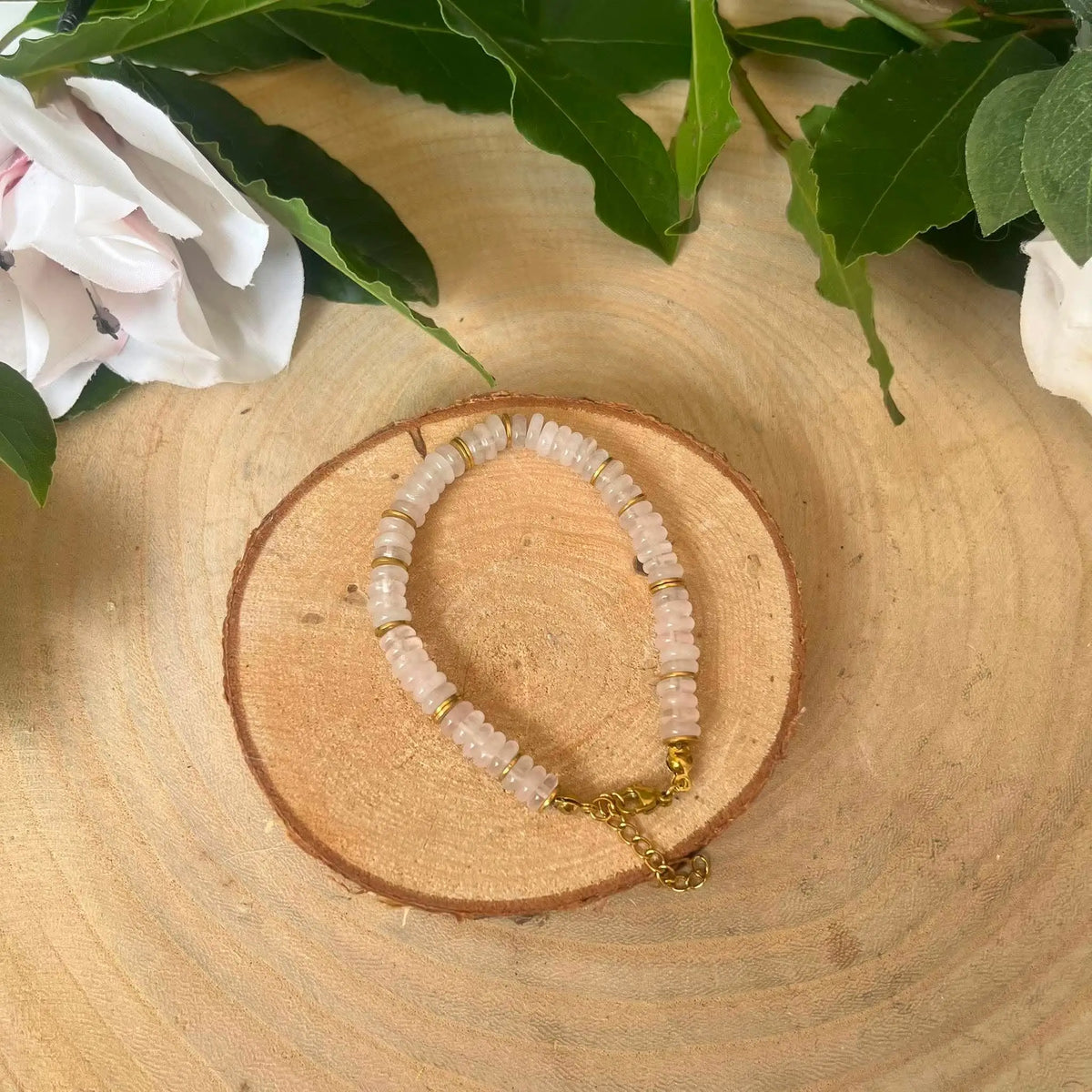 Bracelet Quartz Rose Perles Rondelles 6 mm Réglable