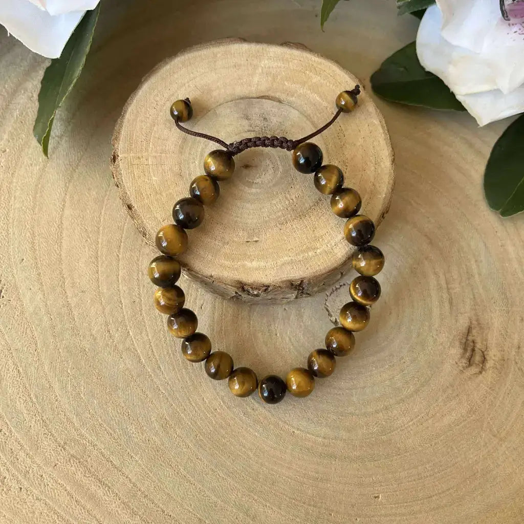 Bracelet Shambala Oeil de Tigre en perles naturelles avec cordon réglable, élégant et unique
