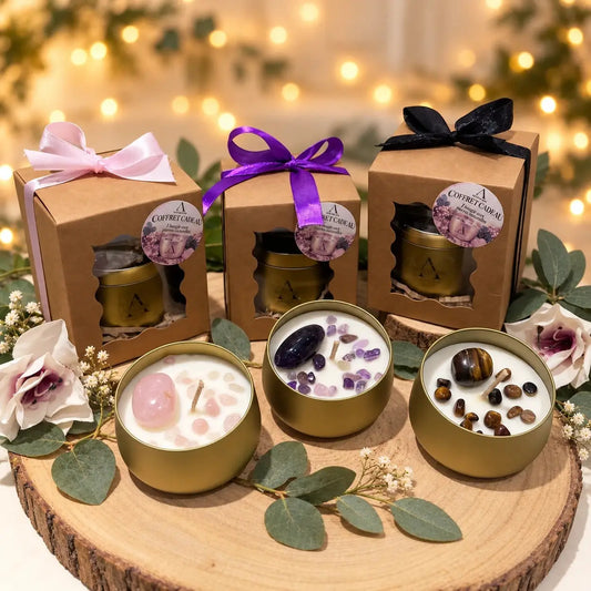 Coffrets cadeaux bougie aux pierres naturelles et bougies ouvertes au quartz rose, à l'améthyste et à l'œil de tigre, ambiance de Noël