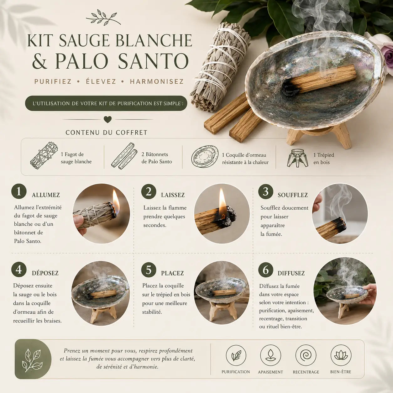 Brûleur dencens ovale en argent avec support en bois pour sauge blanche palo santo et coquille dormeau