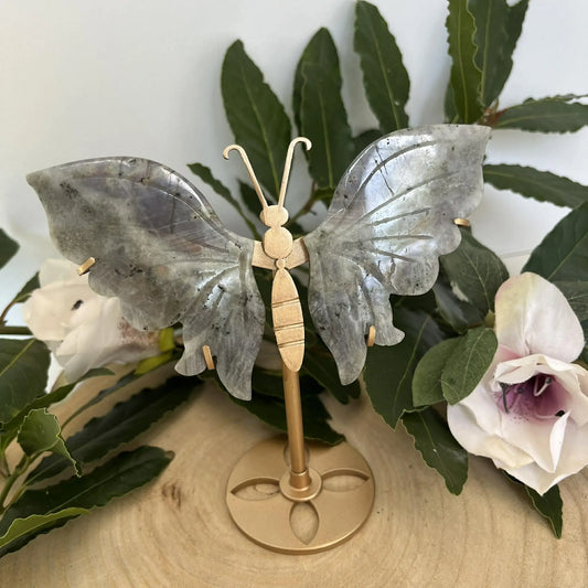 Papillon en labradorite naturelle gris translucide avec veines délicates sur socle doré minérale élégante magnifiques reflets