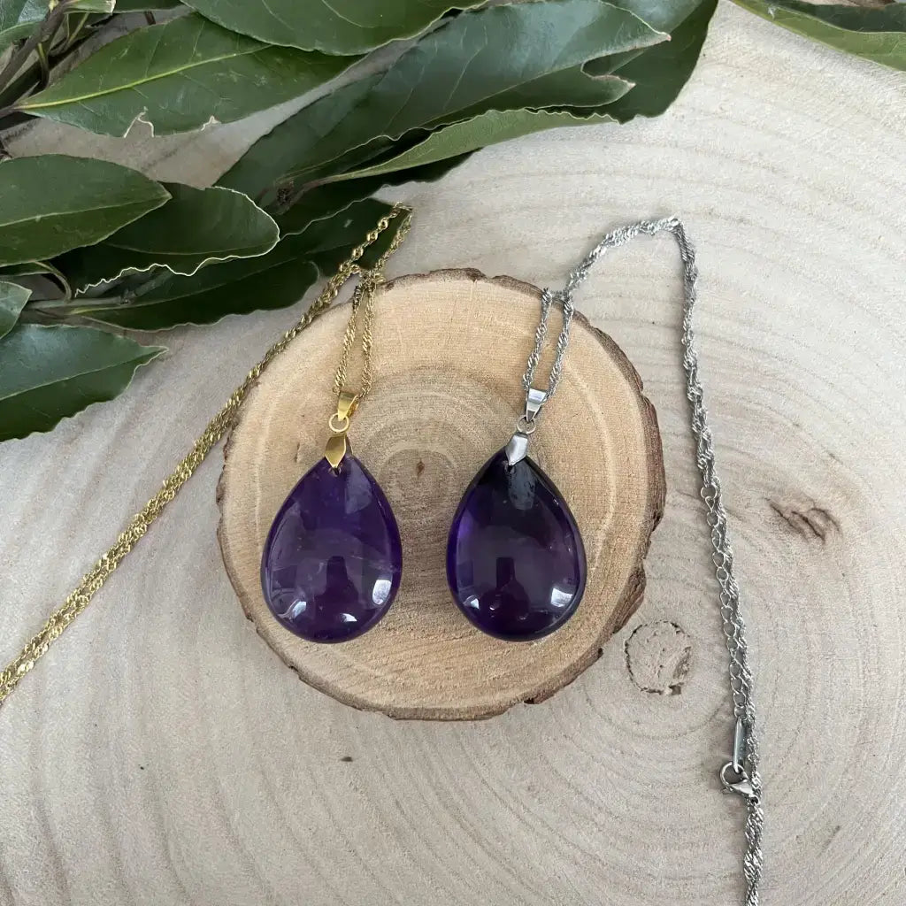 Collier pendentif avec Pendentif Améthyste Naturel en forme de goutte, chaînes dorée et argentée