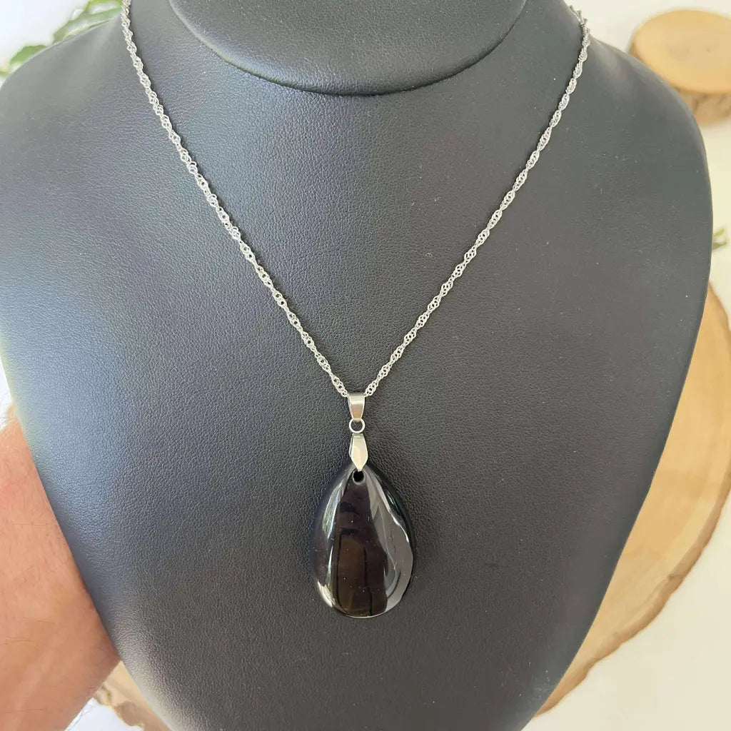 Pendentif Goutte en Obsidienne Noire - Argent - Collier