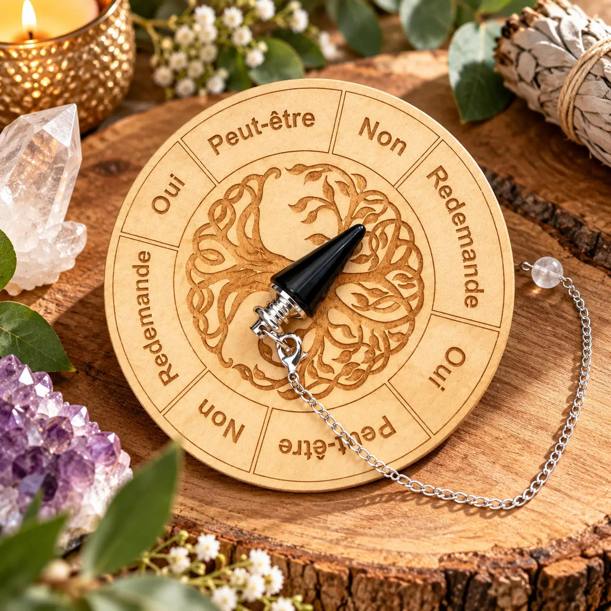 Pendule Obsidienne Noire + Planche Radiesthésie