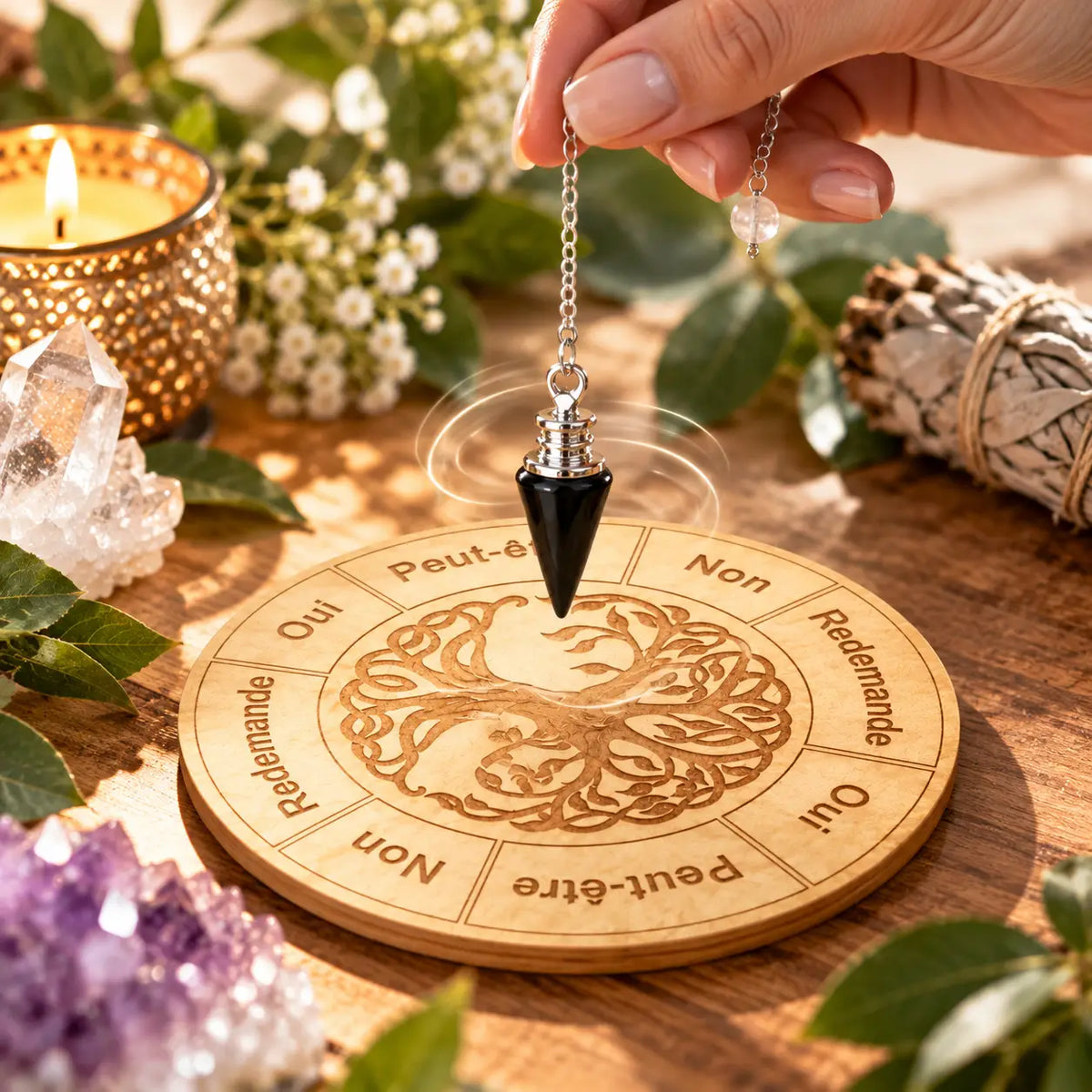 Pendule Obsidienne Noire + Planche Radiesthésie