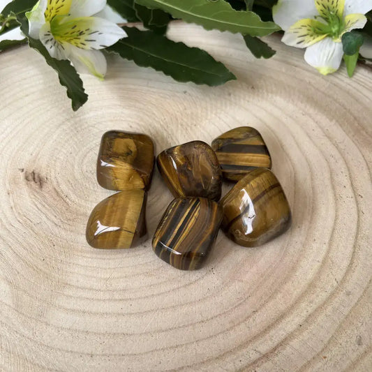 Pierre Oeil de Tigre Roulée polie sur bois naturel avec fleurs blanches décoratives