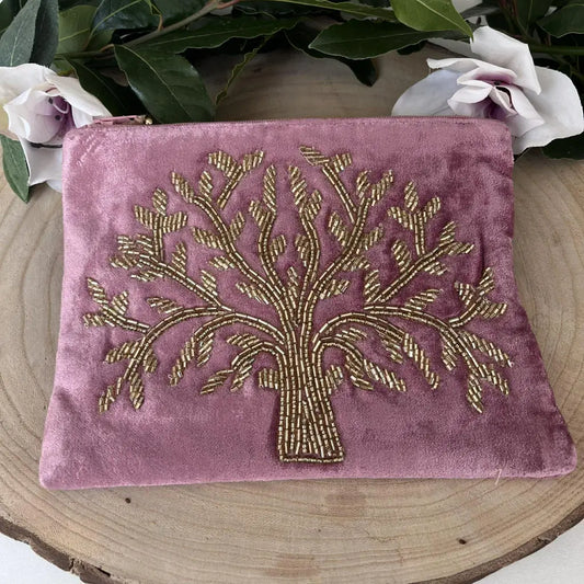 Pochette Velours Rose Arbre de Vie | Élégante et Pratique